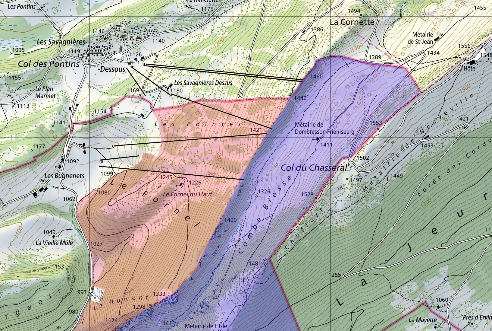 En violet, la zone actuelle ; en rose, l’extension prévue.